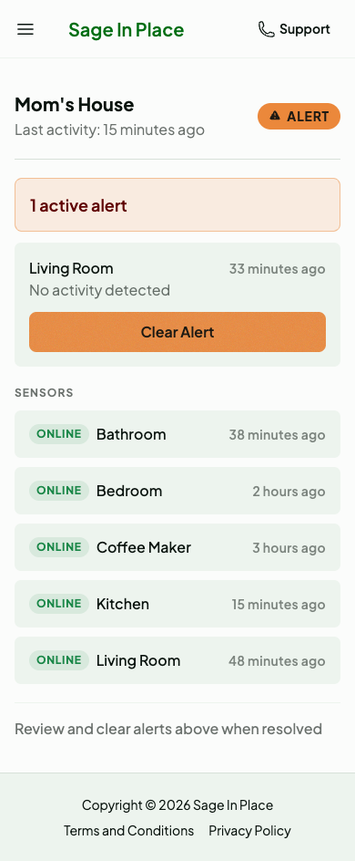 Sage In Place dashboard showing an alert: no activity detected in the living room