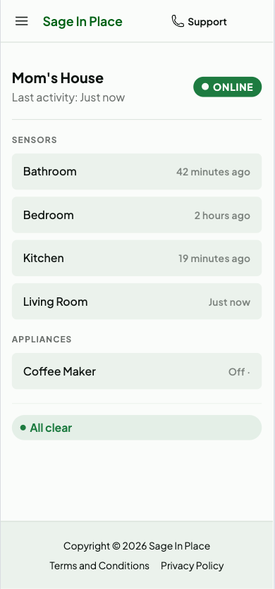 Sage In Place dashboard showing sensor status and alerts